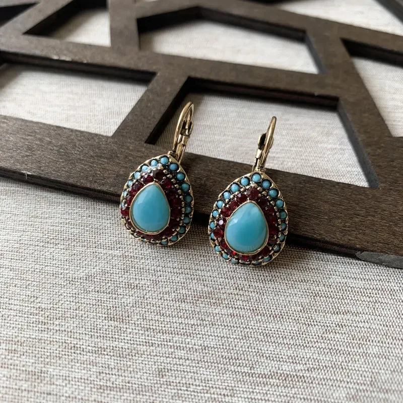 Vintage Niche Persoonlijke Inlay Rood Blauw Kleur Waterdruppel Vorm Steen Dangle Oorbellen Voor Vrouwen Mode Aangepaste Sieraden