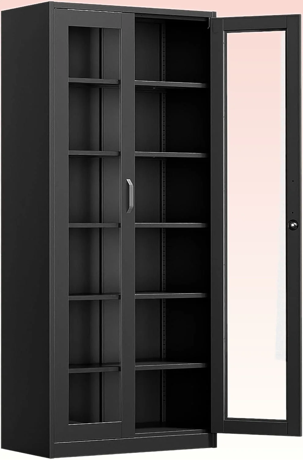 Lockable Glass Display Cabinet 71" Tall Black 5 Adjustable Shelves Storage Curio Bookshelf