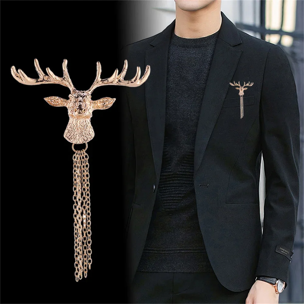 Trendy Elk Deer Head Brooch for Men Fashion Shirt Collar Tassel Chain Lapel Brooches Pins Jewelry Accessories Boyfriends Gift