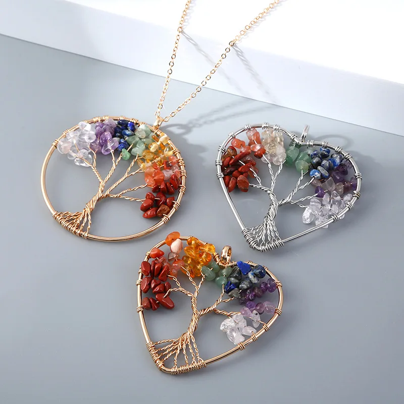 Tree of Life Natural Gravel Stone Pendant Necklace Healing Chakra Fortune Crystal Natural Stone Clavicle Chain Neck Jewelry