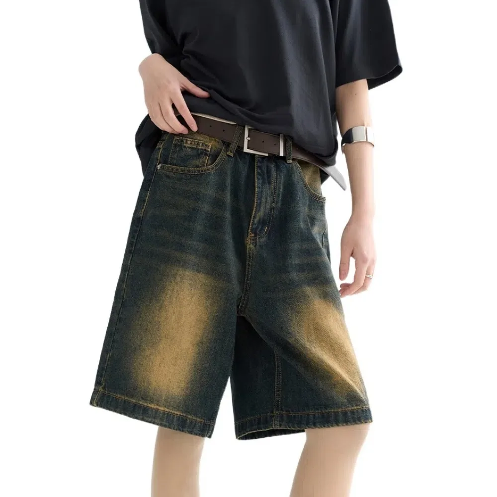 

Ins Ins Denim Shorts Men High Waist Trousers Baggy Short Jeans Streetwear Loose Denim Knee Length Pants College