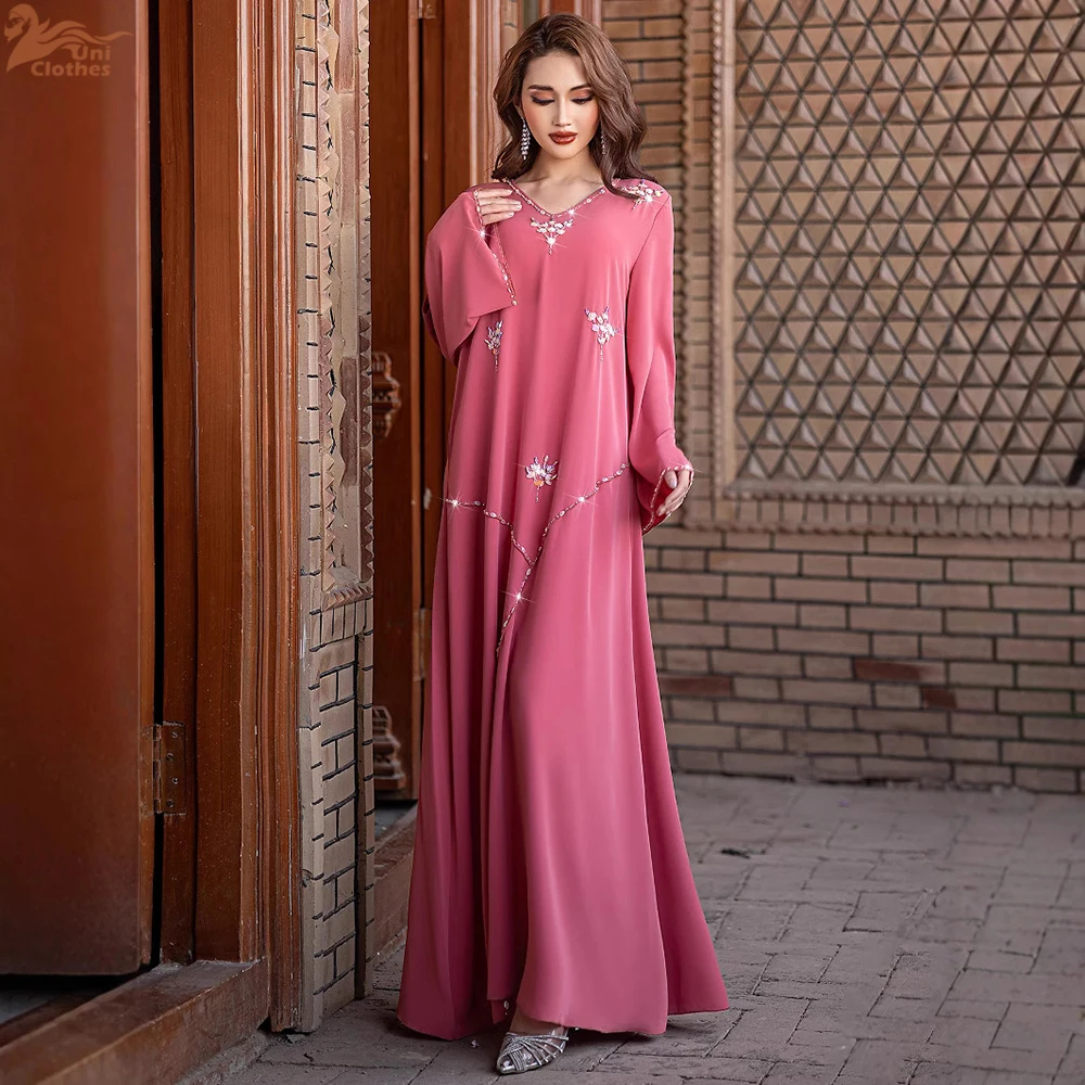 

2025 Ramadan Elegant Rhinestone Decorated Abayas Saudi Arabia Turkey Islam V-Neck Dresses For Women Gala