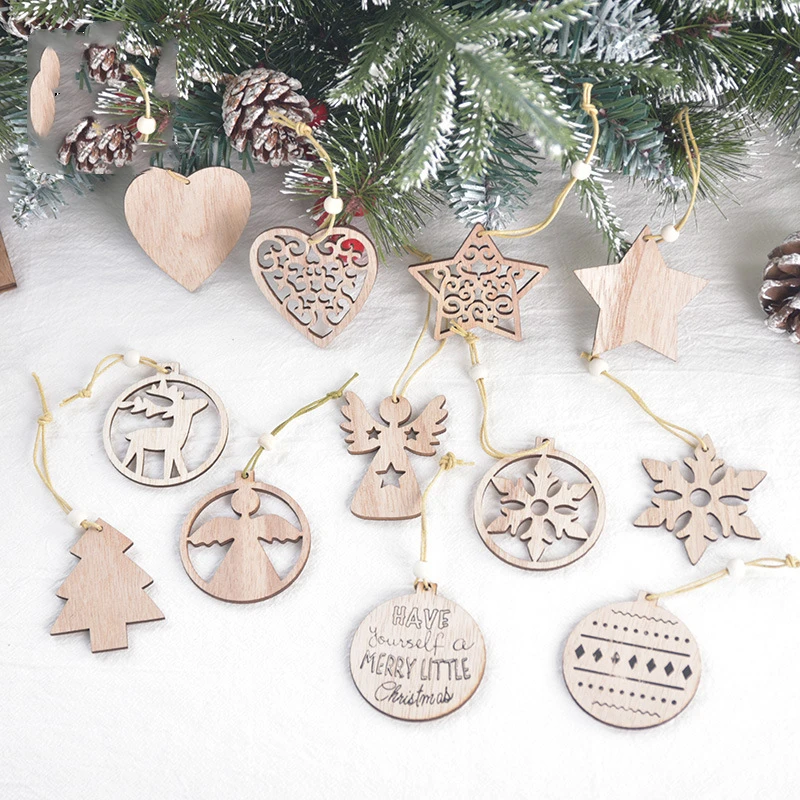 

24 Pieces Christmas Pendant Decoration Box Wooden Christmas Snowflake Angel Ball Pendant Laser Engraving Hollow Hanging Pendant