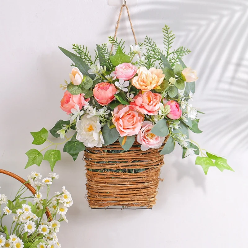 Cream Hydrangea Door Hanger Basket Wreath Pink Berry Wildflower Door Hanger Basket Wreath 1 PCS Wire + Plastic