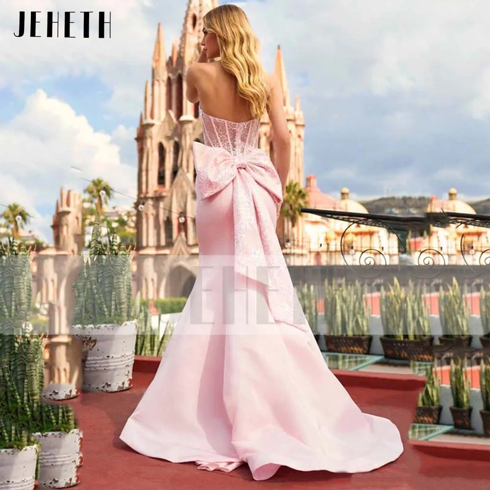 Jeheth rosa strapless stretchy crepe vestido de noite das mulheres sereia lantejoulas apliques querida sem costas vestido de festa de formatura com arco