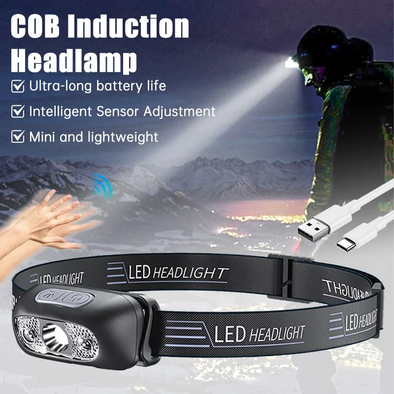 

Powerful Sensor Mini LED Headlamp USB Rechargeable Head Flashlight 4 Modes Waterproof Headlights Head Torch for Outdoor Fishing