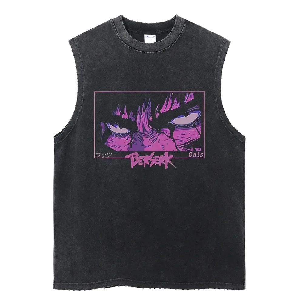 Harajuku Streetwear Washed Anime Print Tank Tops Fashion Ripped Casual Vest Men Summer Sleeveless Cotton Vintage Vest Tee Unisex