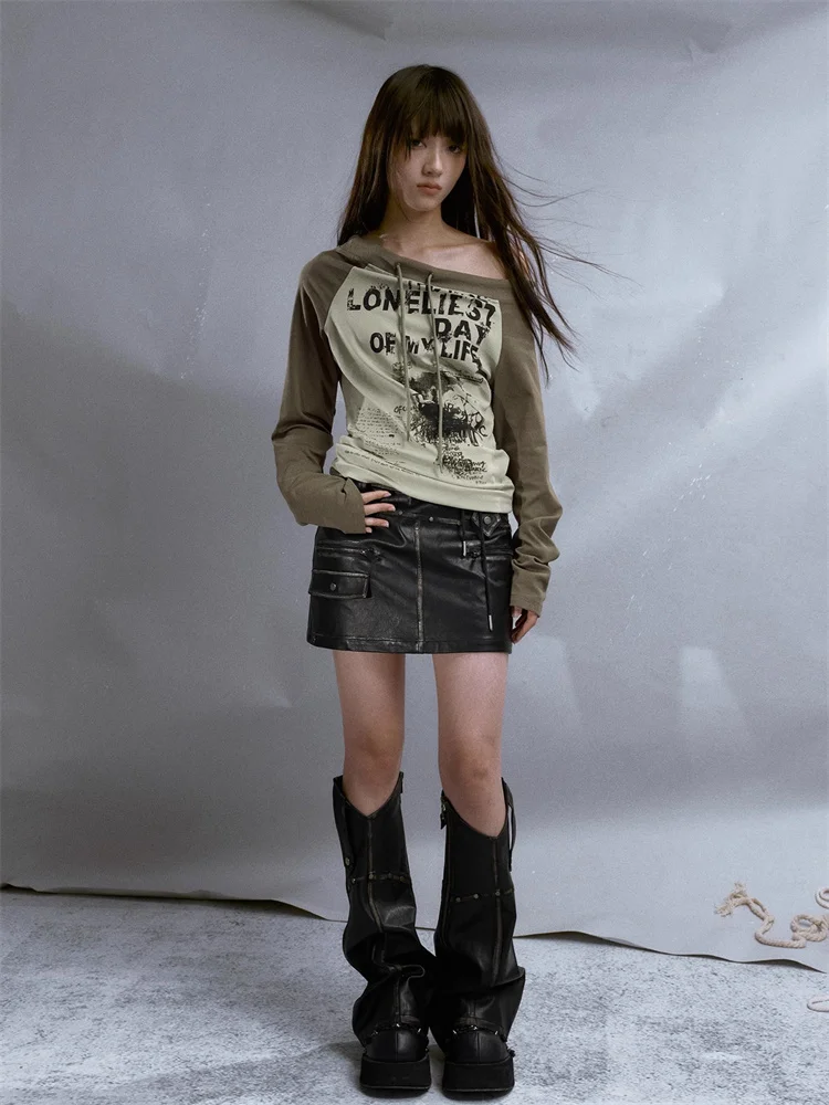 QWEEK-Camiseta de estilo japonés Y2K para mujer, camiseta Harajuku Grunge con hombros descubiertos, camisetas de manga larga, Top Vintage con