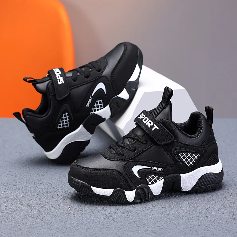 Kids Fashion Sneakers Boys Tennis Shoes Comfortable Leather Running Shoes Lightweight Outdoor Children's Sports Walking Shoes