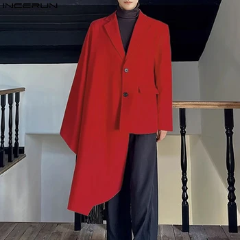 INCERUN 탑 한국 스타일 신사복 비대칭 스플 라이스 디자인 정장 캐주얼 스트리트웨어 롱 스타일 솔리드 긴팔 블레이저 S-5XL