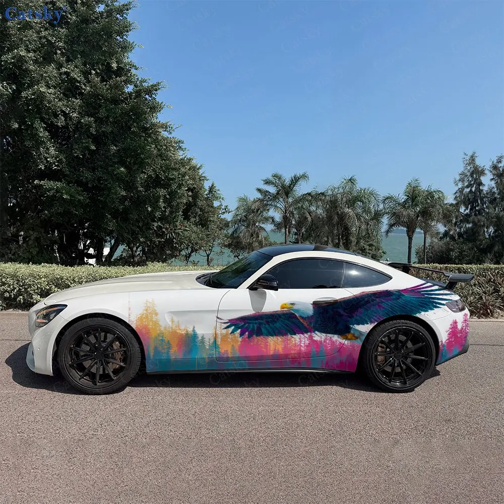 2pcs Color Forest Diving Bird Car Side Wraps, Self-Adhesive PVC Waterproof & Scratch-Resistant Stickers, Car Accessory Gift