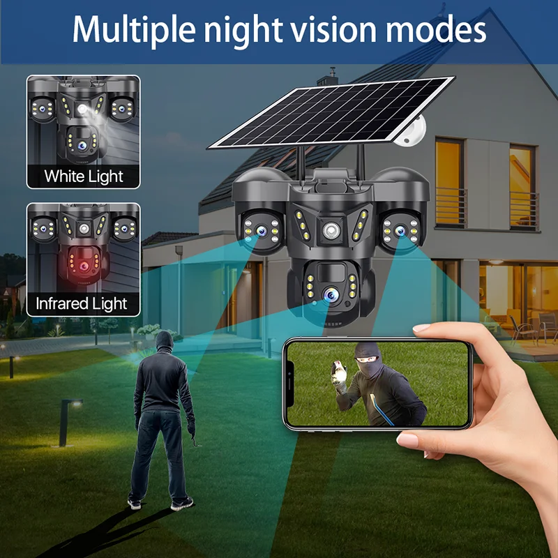 AIOOK Solar Camera 4 Lens HD 20MP 4G Camera 28000 MAh Battery Waterproof Night Vision IP CCTV Two-Way Intercom Mobile Tracking