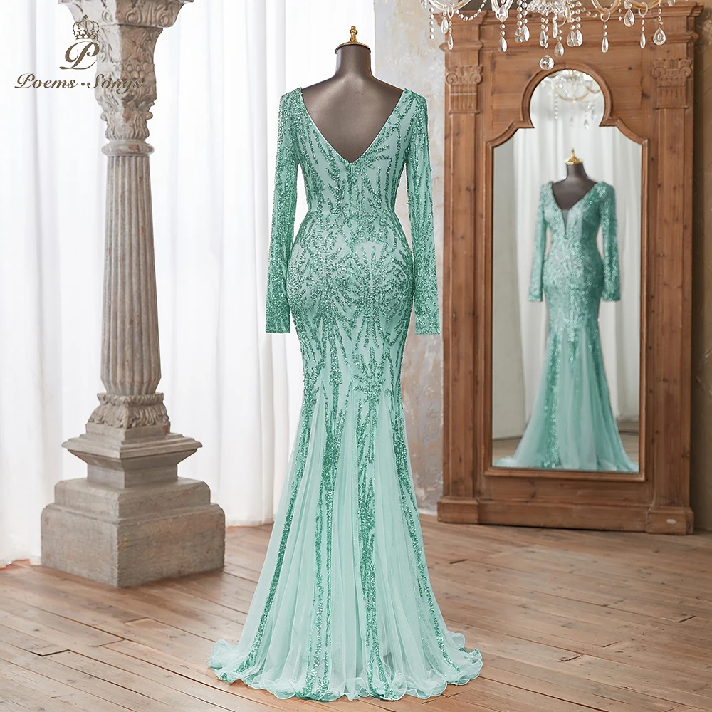 Luxurious Mint green Long Sleeve Sequin Gown Deep V-Neck Embellished Pattern Mermaid Formal Dress Elegant Evening Special Events