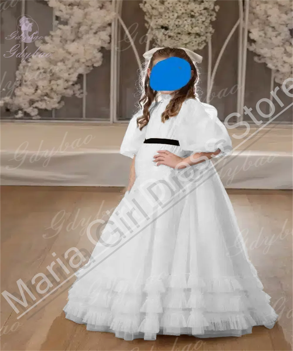 

Customized White High Waist Puffy Flower Girl Dress For Wedding Black Belt Ruffles Kids Birthday Formal Events Gowns