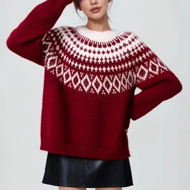 

Red Fair Isle Sweater Women's Christmas Jacquard Vintage Pullover Holiday Knit Top