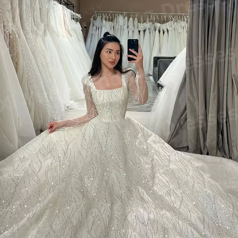 Espumante uma linha feminina pescoço quadrado vestidos de casamento novia manga longa lantejoulas vestidos de noiva personalizado robe de mariée