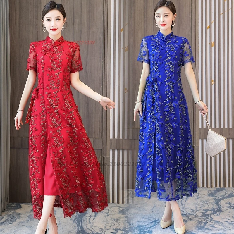 

Традиционное китайское винтажное платье 2025 года, улучшенное Cheongsam, национальная цветочная вышивка, кружевное платье трапециевидной формы, банкетное вечернее платье