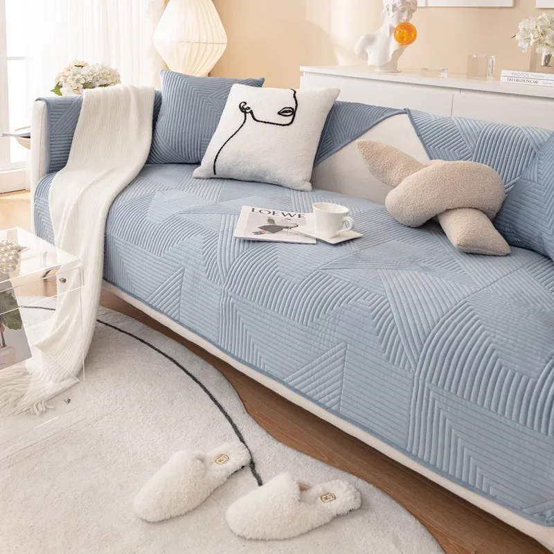 Nordic Soft Flannel Non-slip Sofa Towel Winter Velvet Plush Quilted Sectional Sofa Cover Solid Color Couch Cover for Living Room