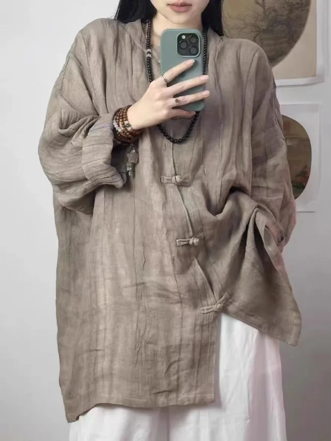 Nuovo abbigliamento casual di media lunghezza da donna in cotone e lino di ispirazione buddista cinese con dettagli di bottoni e vestibilità ampia
