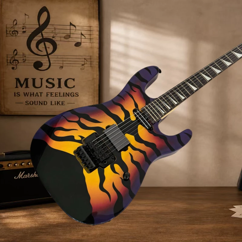 Purple Tiger Flame Graphic ST00S Electric Guitar HB Floyd Rose Tremolo Shark Fin Inlays Thrash Halloween Prop Free Shipping