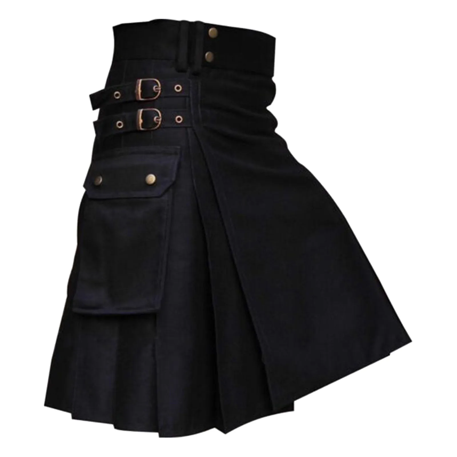 Scottish Style Men Cool Pocket Kilts Casual Skirts Black Solid Color Gothic Kilt Vintage Cargo Kilt Metal Belt Pleated Skirt