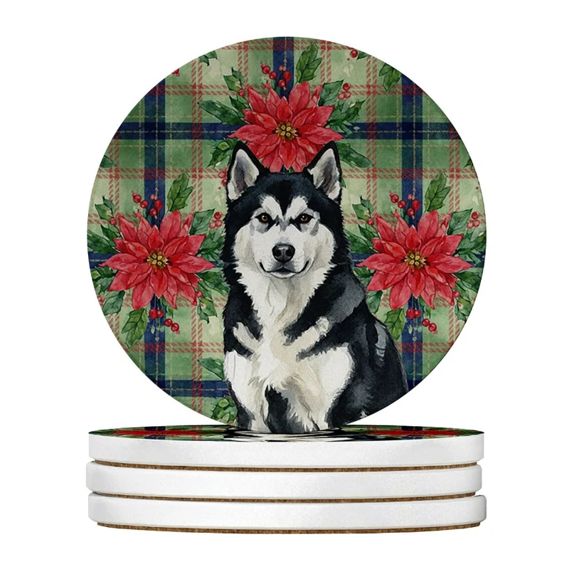 

4-Pack 4 Inch Black White Alaskan Malamute Poinsettia Sandstone Coasters - Absorbent Round Cup Pads Multicolor Decorative Gifts