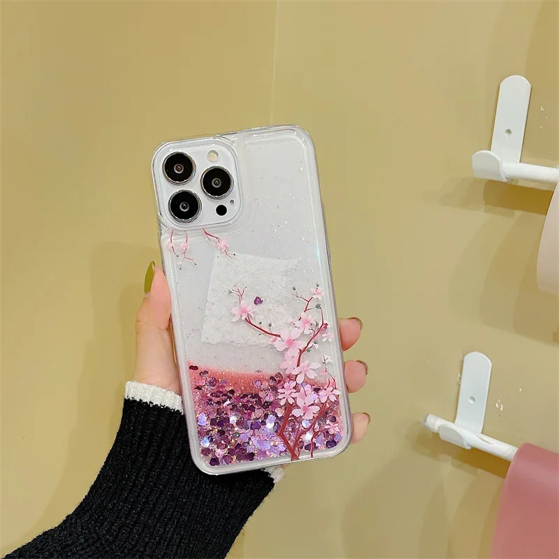 Glitter Quicksand Peach Blossom Case for iPhone 15 14 13 Pro Max Para Fundas Soft Protective Gloss Arena Phone Covers Women Capa