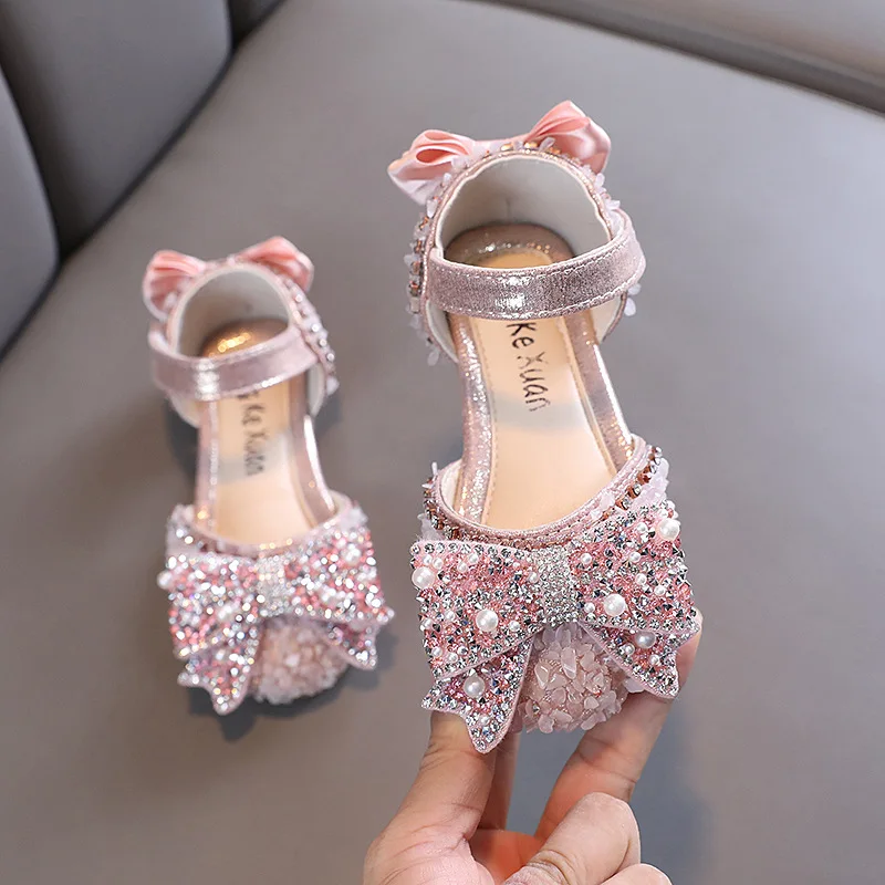 Children Sandals Girl\'s Rhinestone Shoes Kids Bow Princess Sandals Fashion Non-slip Flat Shoes Wedding Performance Sandals H536