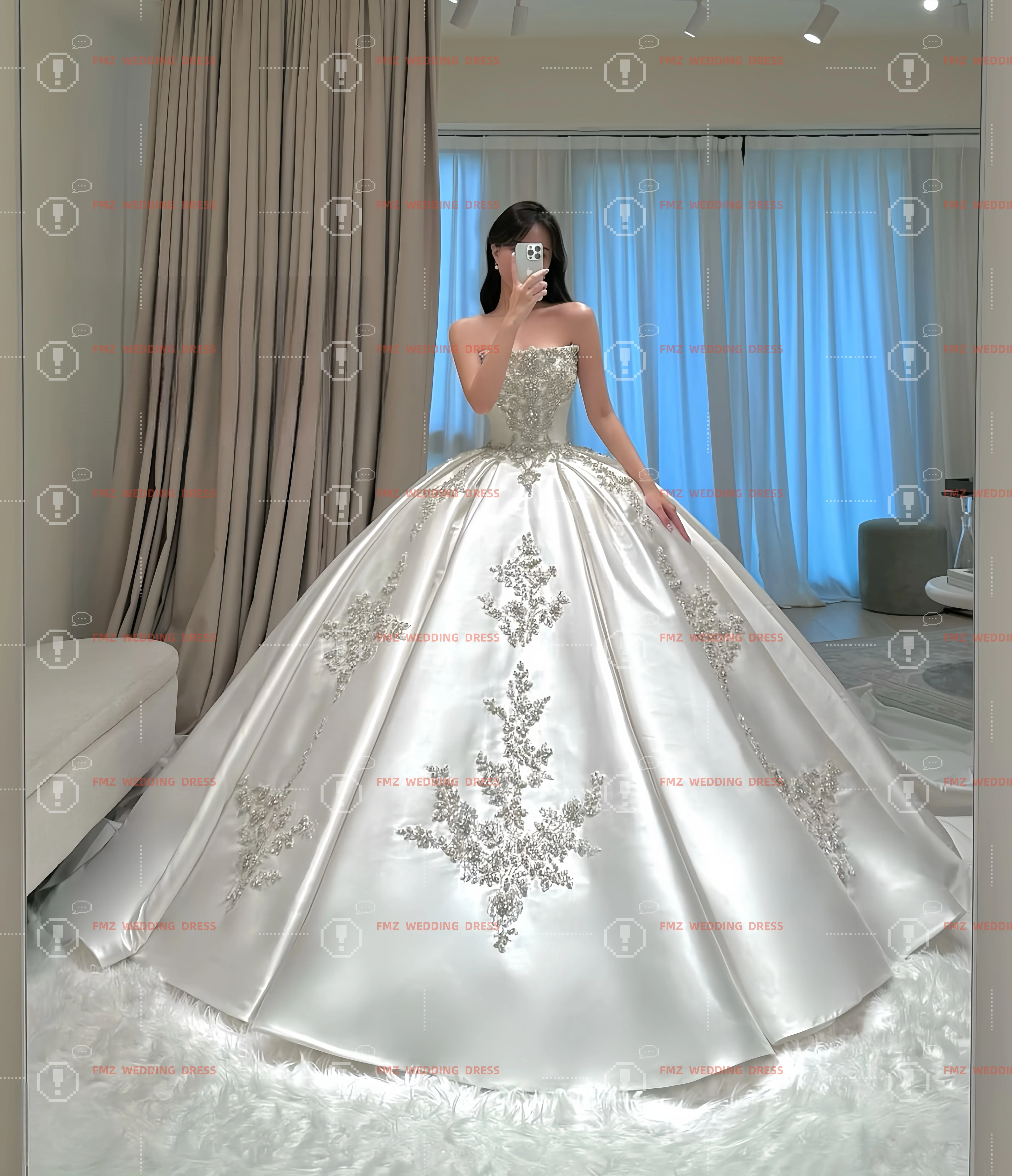 فستان زفاف مخصص بدون حمالات بدون أكمام من الساتان مطرز بالخرز فيستدوس دي نوفيا أماندا نوفيا أماندا نوفيا رسمي #4