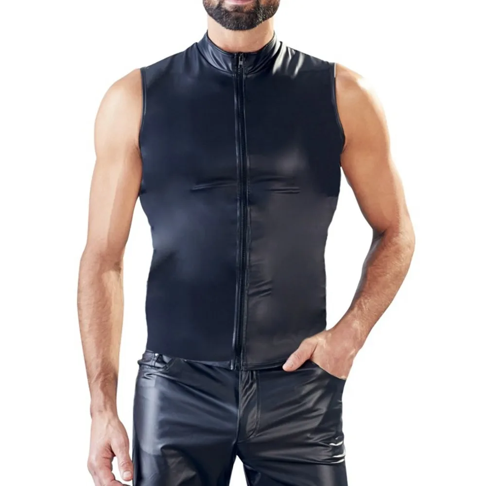 Man Male Tops Vests Leathe M-2XL Nightclub PU Costume Vintage Faux Leather Party Sexy Sleeveless Spandex Stage