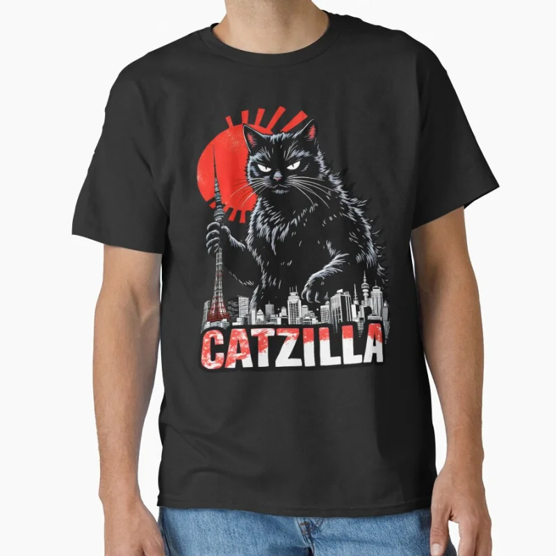 

Король мяуков Catzilla # 0808 Винтажная японская футболка с изображением монстра в стиле аниме для любителей кошек, топы большого размера