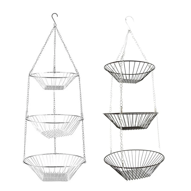 

3 Tiers Wire Chain Hanging Basket Plant Organizers Kitchen Storage Wrought Iron Fruit Hanging Baskets Space Saving