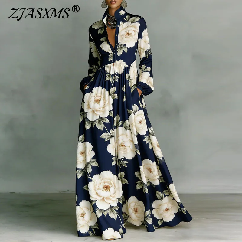 Women's Stand Collar Button Shirt Maxi Dresses Spring Casual High Waist Pocket Hem Long Dress Chic Floral Print Boho Party Dress