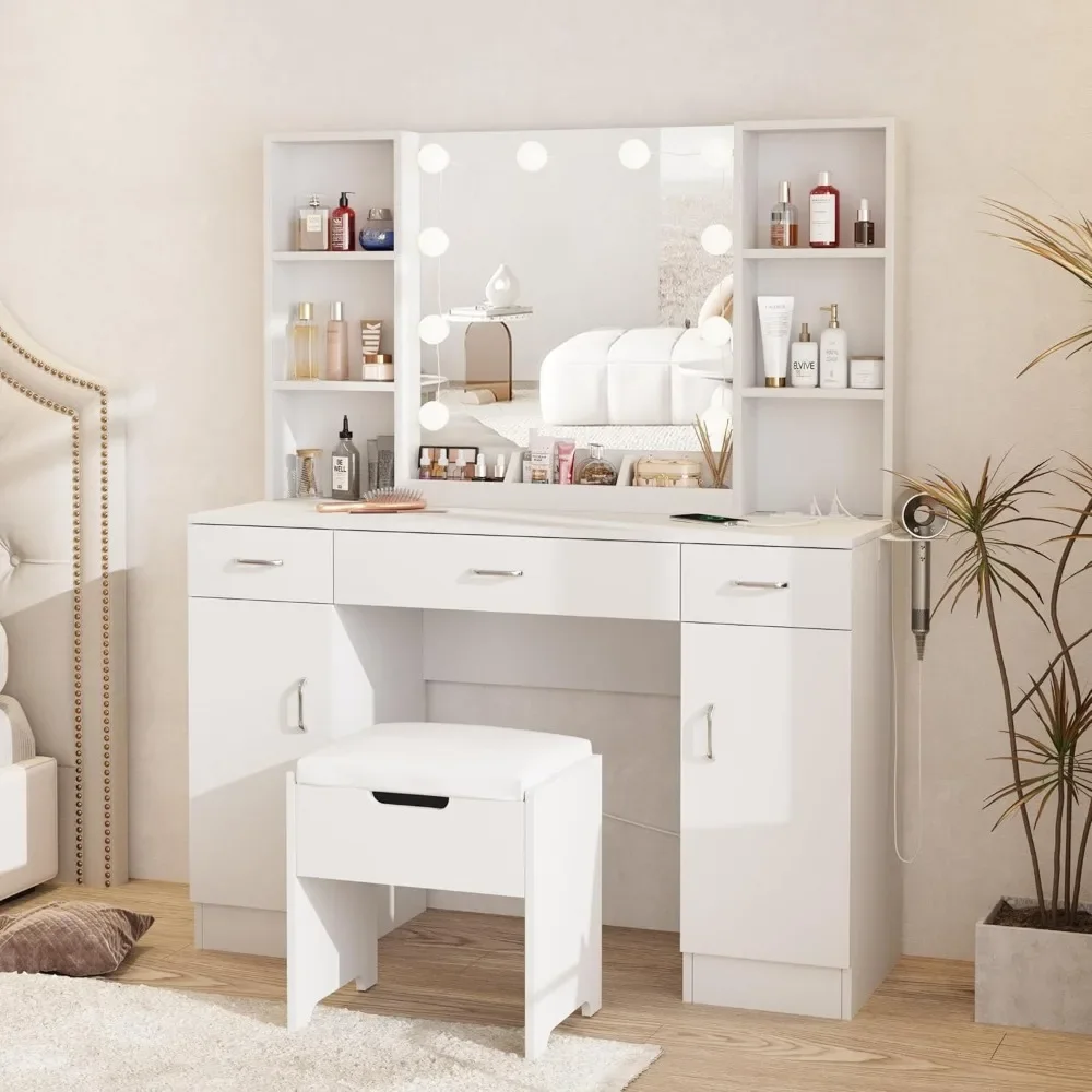 Makeup Vanity Table with Lighted Mirror & Outlets, Large Vanity Set Vanity Desk with Lots Storage, 3 Lighting Modes, Brightness