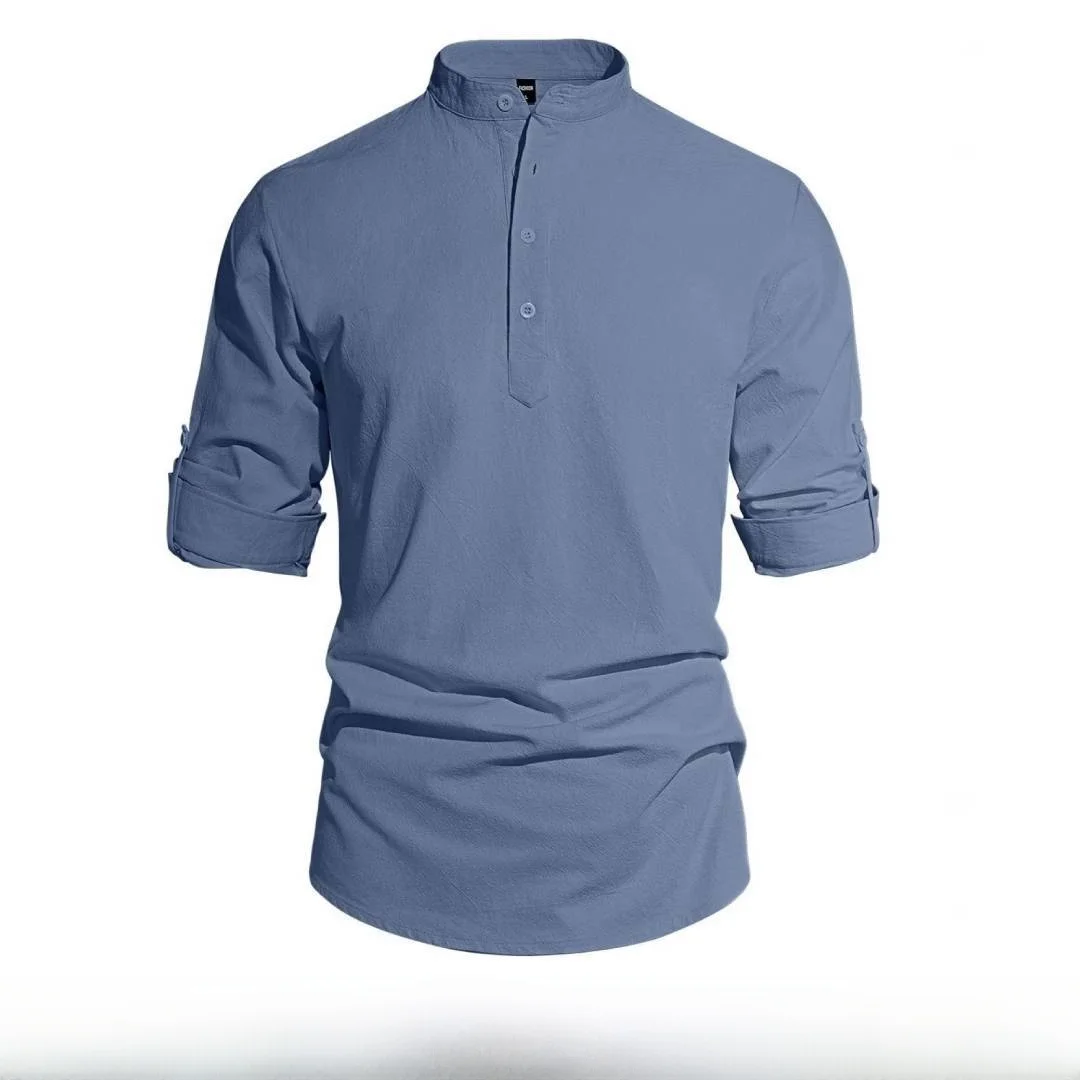 Camisa de Hombre de Lino y Algodón, Estilo Casual, Manga Larga, Cuello Mao, para Primavera y Otoño, Talla Grande, con Botones