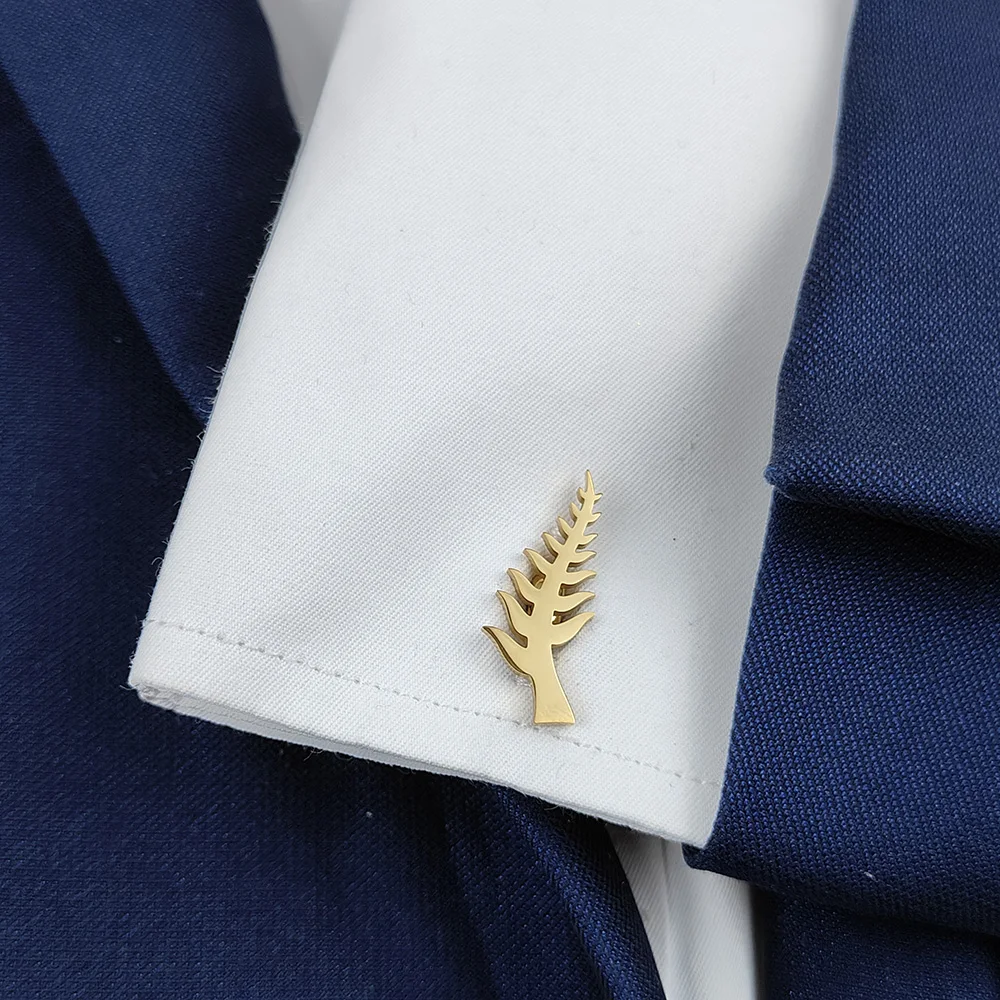 Cufflinks 316L Stainless Steel 18K Gold Plated Minimalist Fern Leaf Plant Design Mens Shirt Cuff Links Wedding Business Jewelry