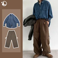 2024 Spring Casual Men Set Retro Simplicity Pocket Denim Shirt+big Pocket Street Hip-hop Cargo Pants 2-pcs Japanese Fashion Suit