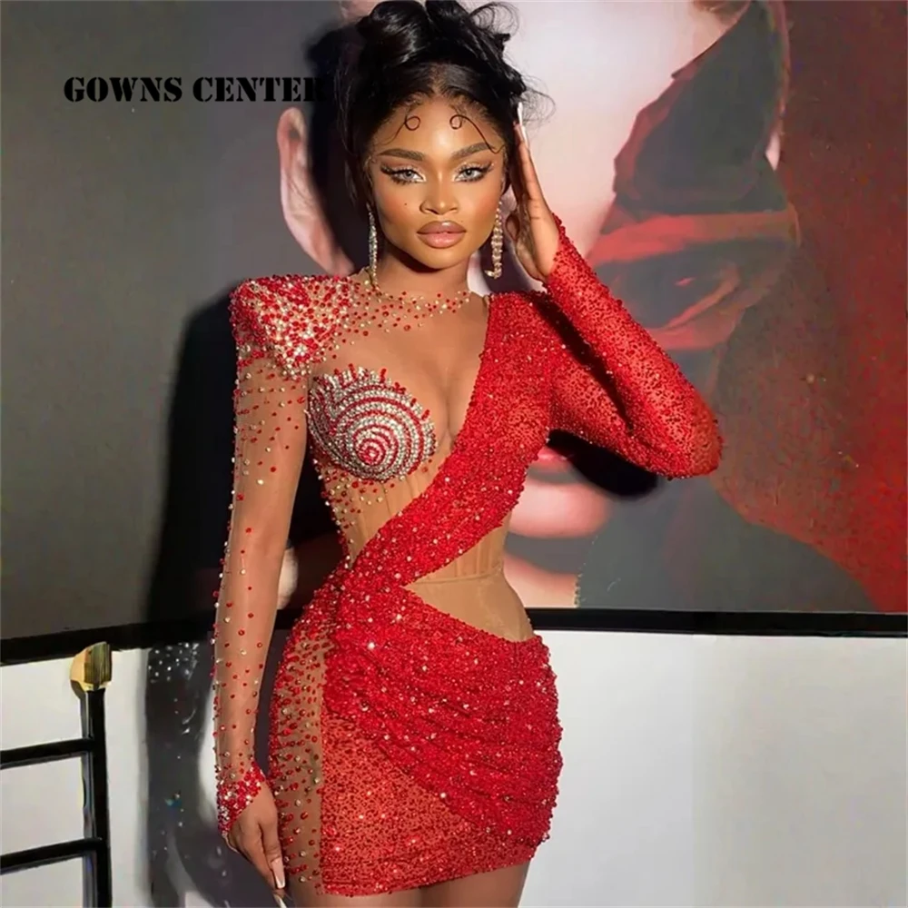 เสน่ห์สีแดงแขนยาว Aso Ebi ชุดราตรีหรูหรา 2025 ลูกปัด Rhinestones ดูผ่านมินิค็อกเทล Gowns แอฟริกันที่กําหนดเอง