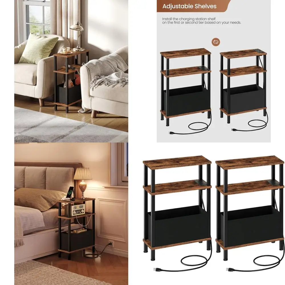 

2-Piece Charging End Tables, Slim Side Table, Skinny Nightstand with Basket, Rustic Brown & Black for Compact Spaces