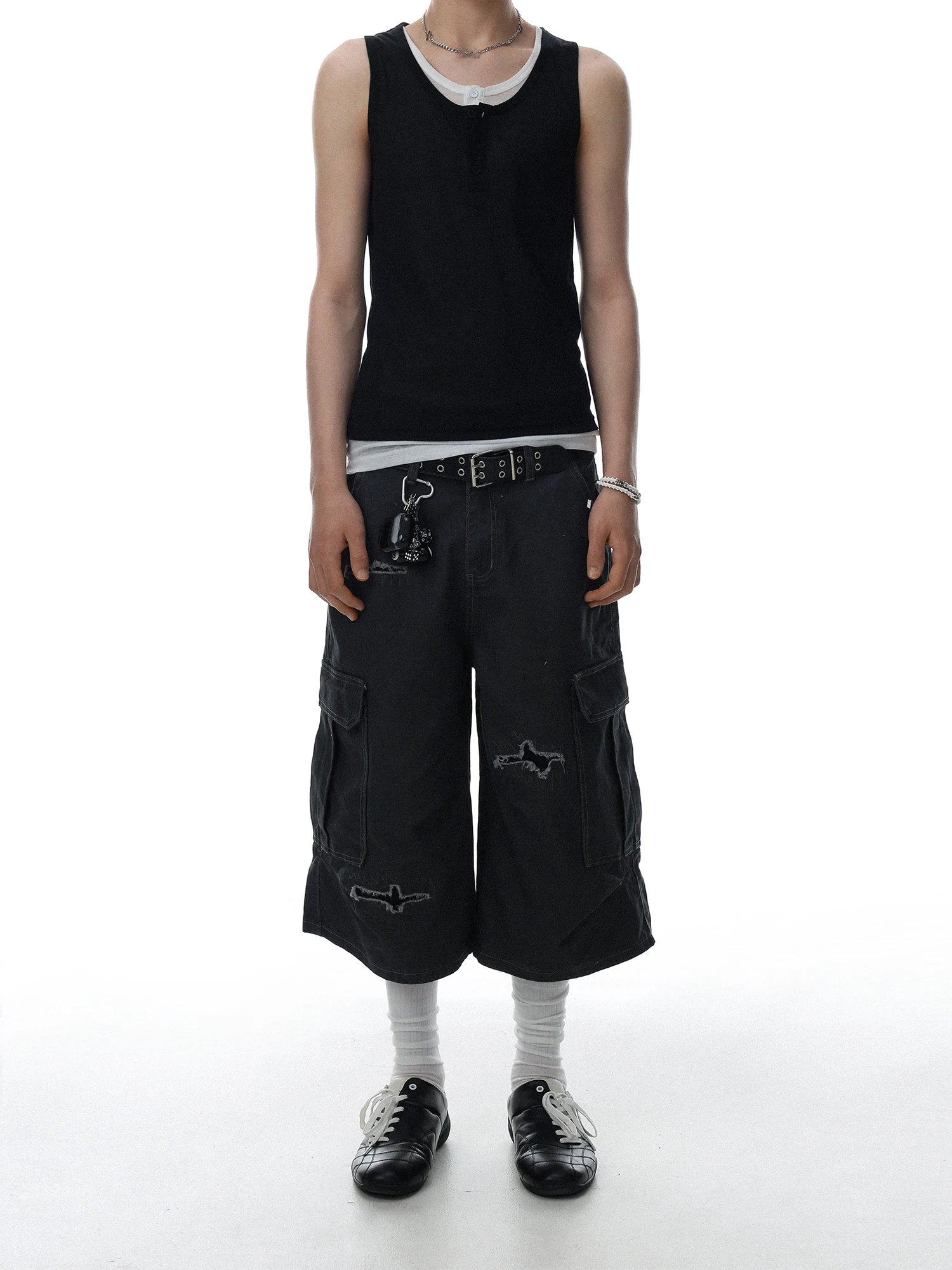 Retro American Workwear Style Men's Casual Pants Seven-Foot Patched Washed Multi-Pocket Loose Leg Cotton Trousers