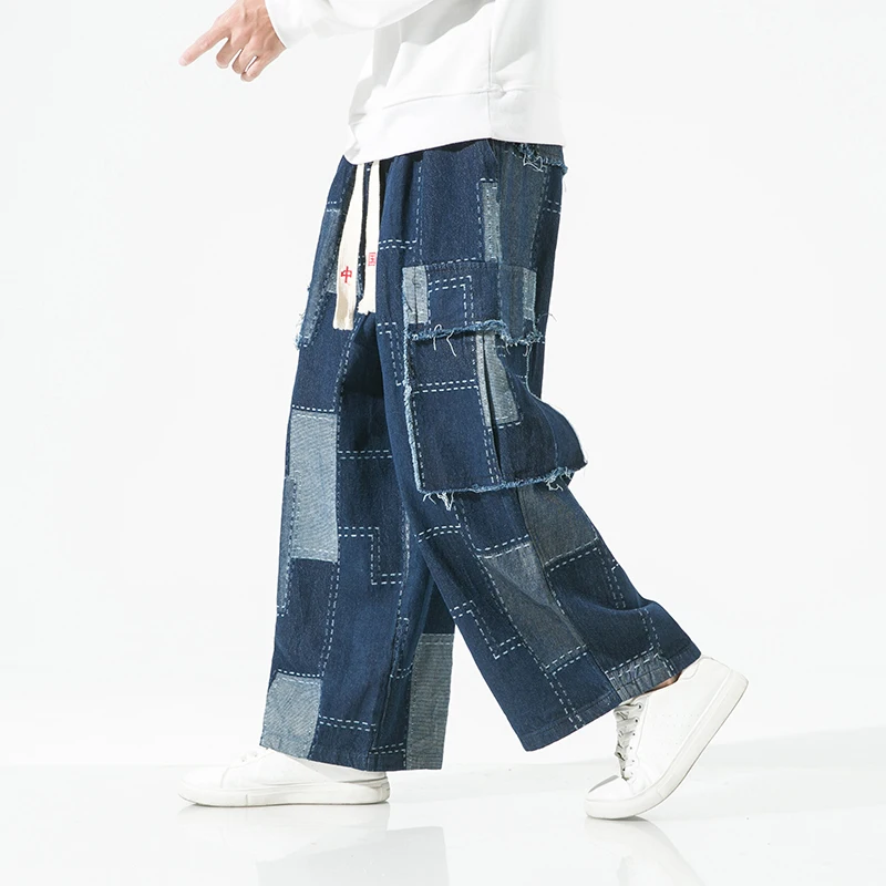 Autunm Men Patch Jean Pants Men Chinese Style Hip Hop Harem Trousers Harajuku Streetwear Loose Wide Leg Casual Denim Pants