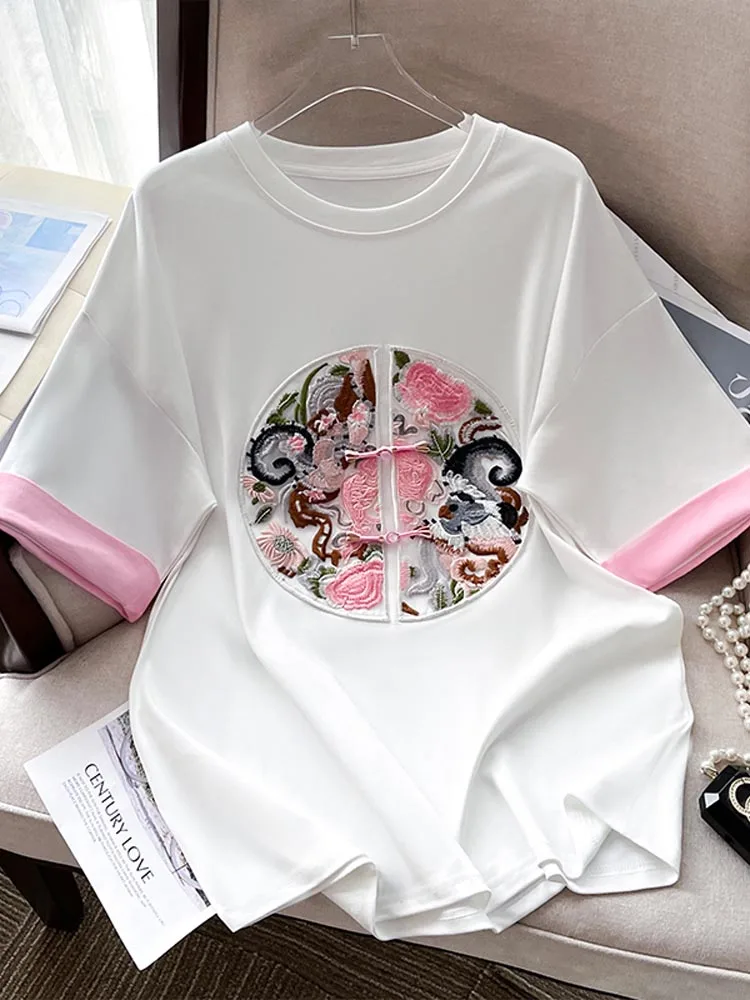 

Spring Summer 2024 New Chinese Sle Embroidered Patchwork Hoof Sve Loose ort Sve T-irt Women Casual Top