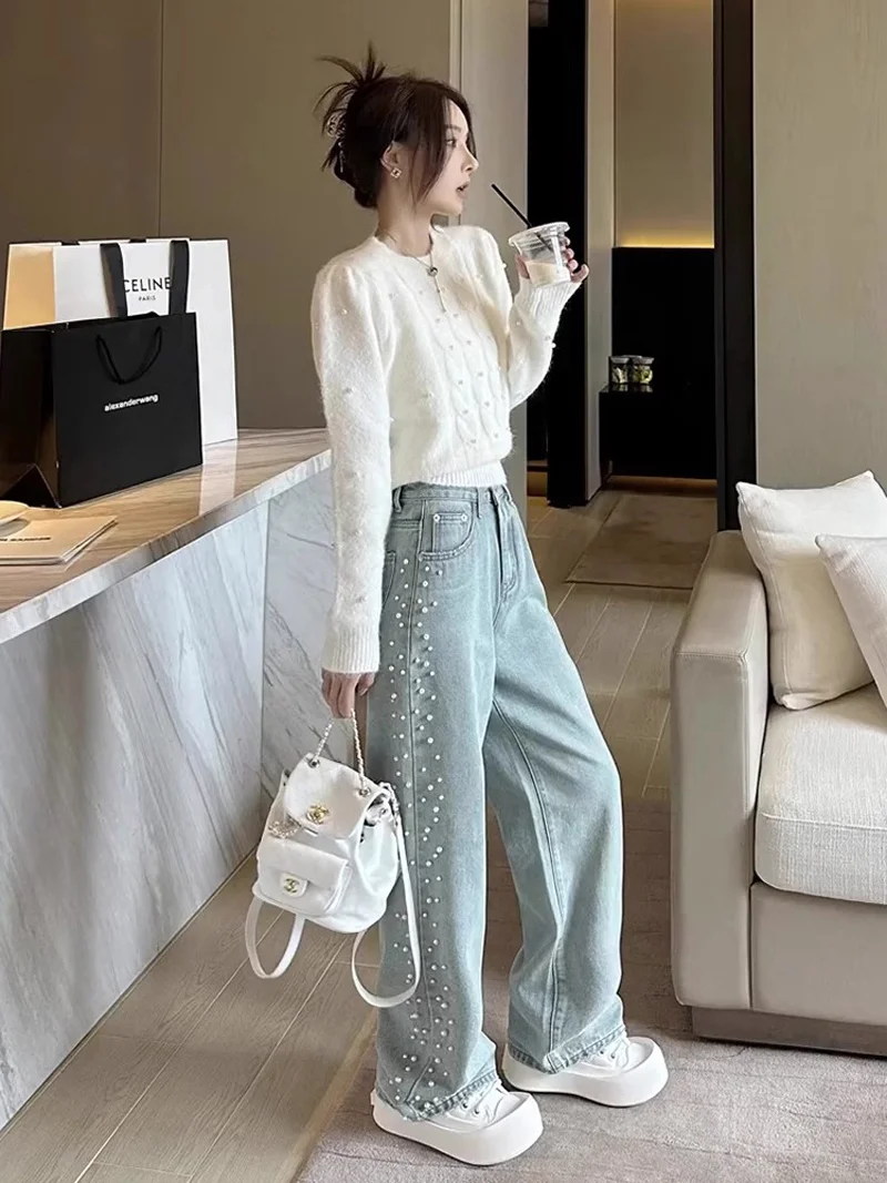 

Alien Kitty Summer Straight Jeans Women Pearls Wide Leg Mopping Light Washed High Waist Streetwear New Denim Casual Pants