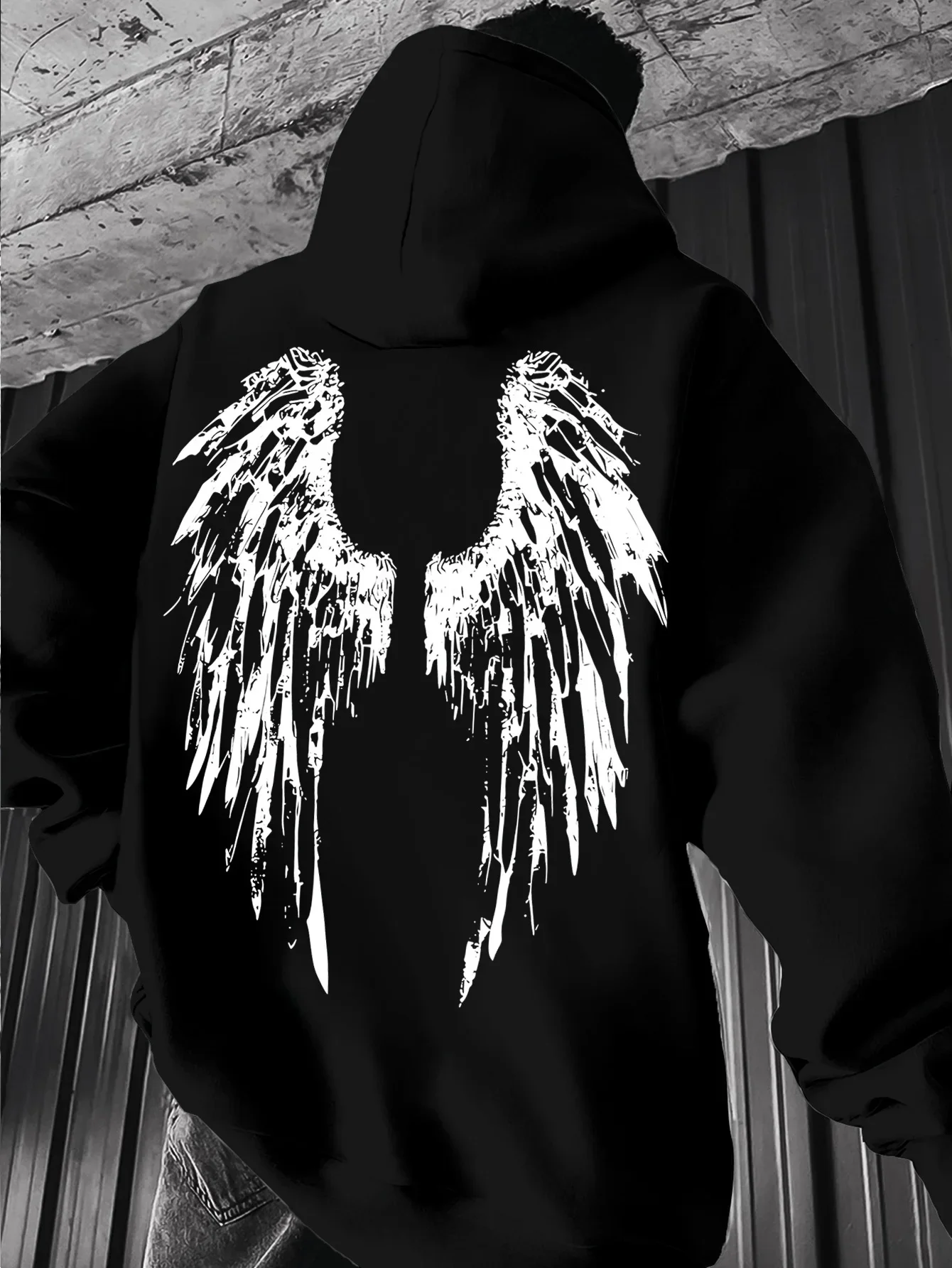 Distressed Broken Angel Wings Large Back Print Hoodie Pullover Unisex Loose Fleece Lined Autumn Winter