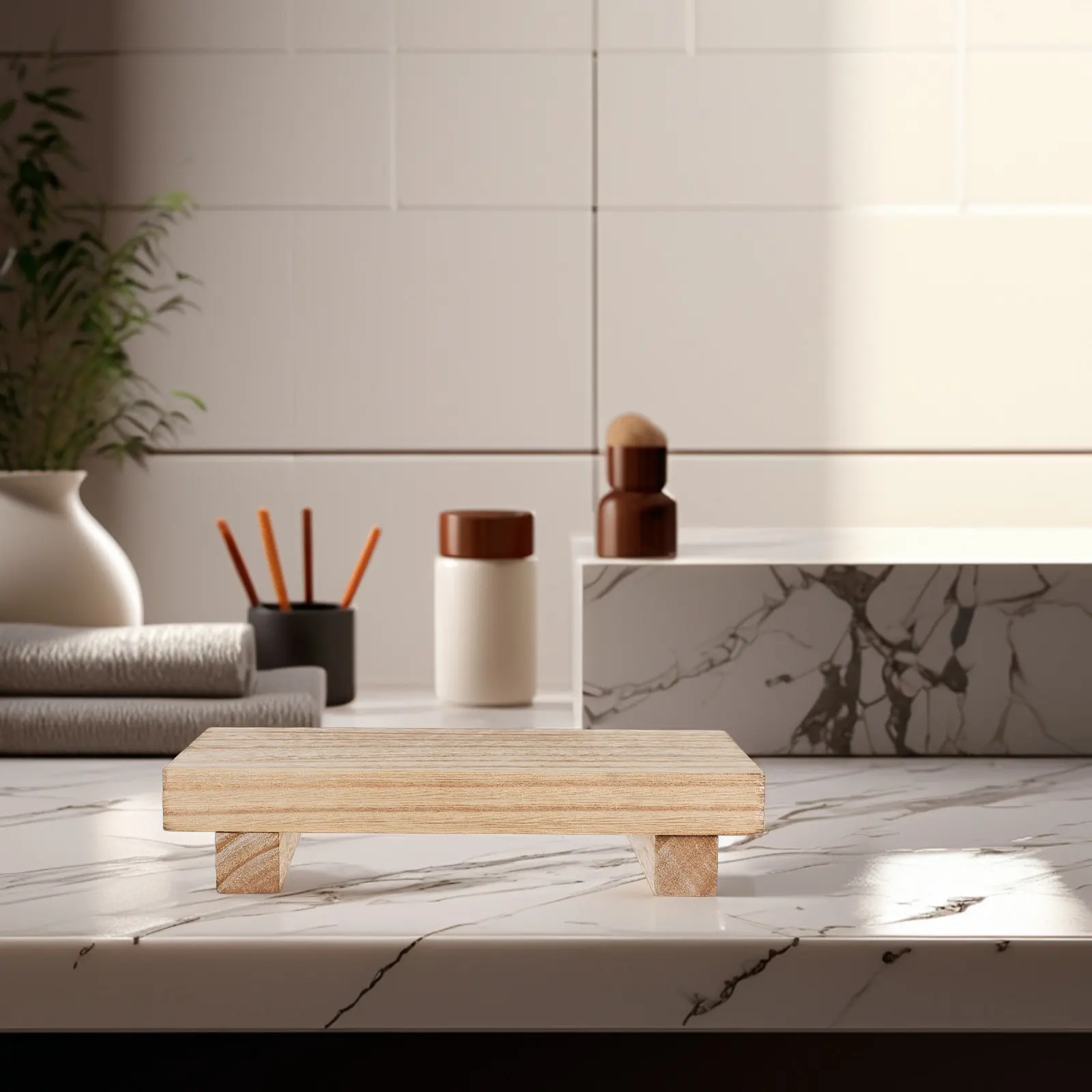 Rustic Wooden Pedestal Stand Small Bathroom Organizer Tray Soap Dish Dispenser Holder Vanity Counter Kitchen Sink Accessories - view 6