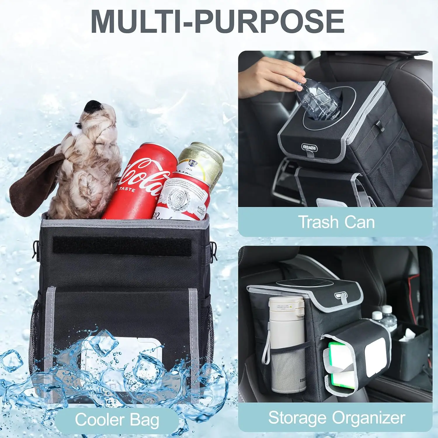 سلة مهملات السيارة مع بطانة مانعة للتسرب وحامل مناديل، 2 جالون، أسود