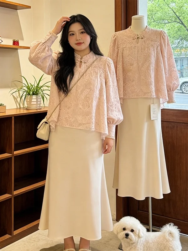 

New Chinese Style Large Size Women's Spring 2026 Fashion Set Long Sleeve Shirt Half Skirt Two Piece Set Beautiful Embroidery ...