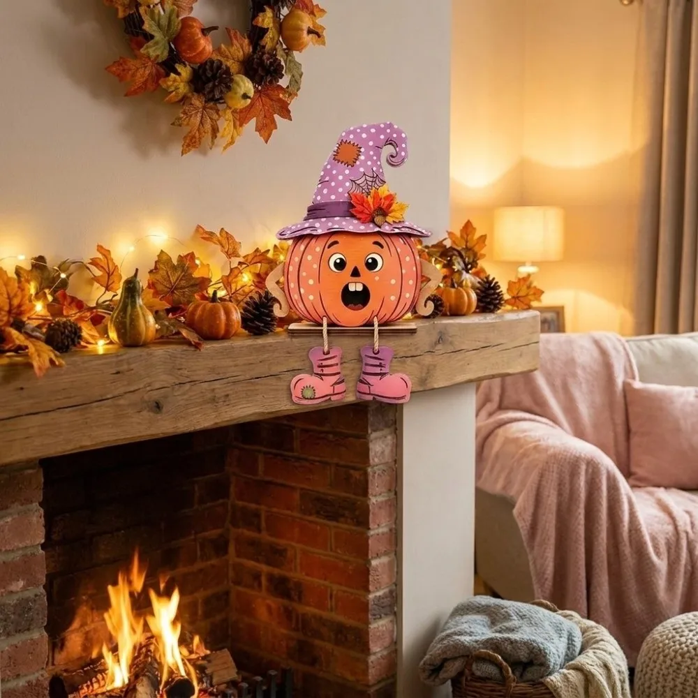 3PCS/SET 2D Flat Pumpkin-Shaped Wooden Ornaments Vintage Hand Painted Fall Pumpkin Table Ornament With Legs Cartoon