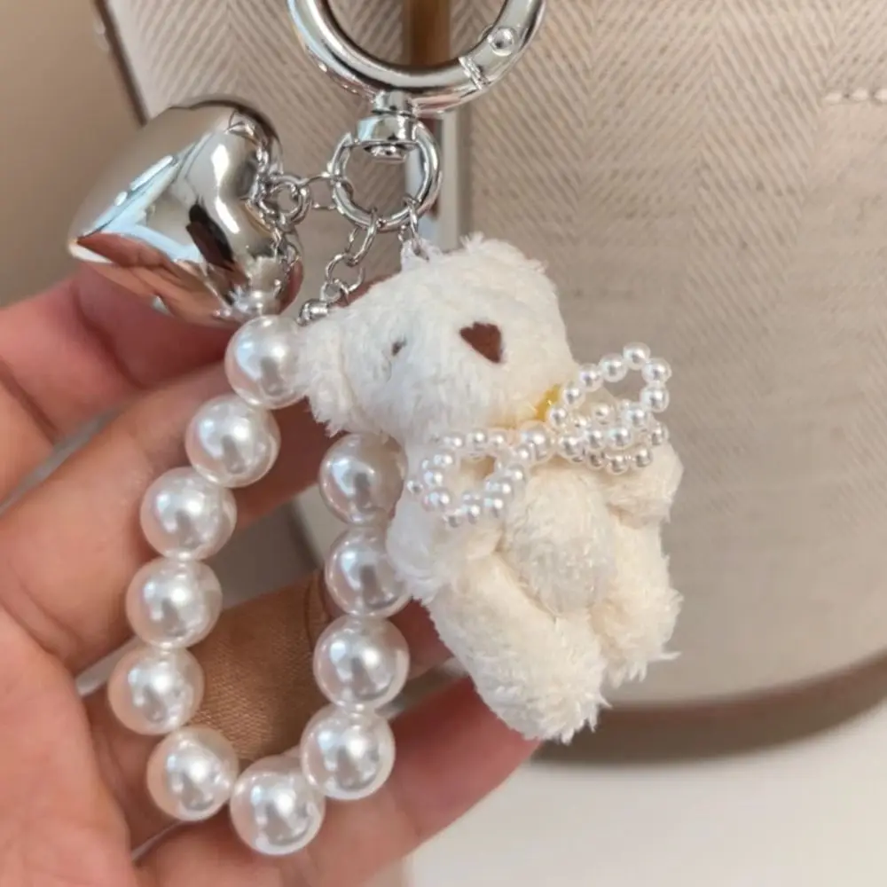 Kawaii doce fofo urso de pelúcia chaveiro saco acessórios coração chaveiro pérola bowknot boneca pingente saco pendurado decoração presentes