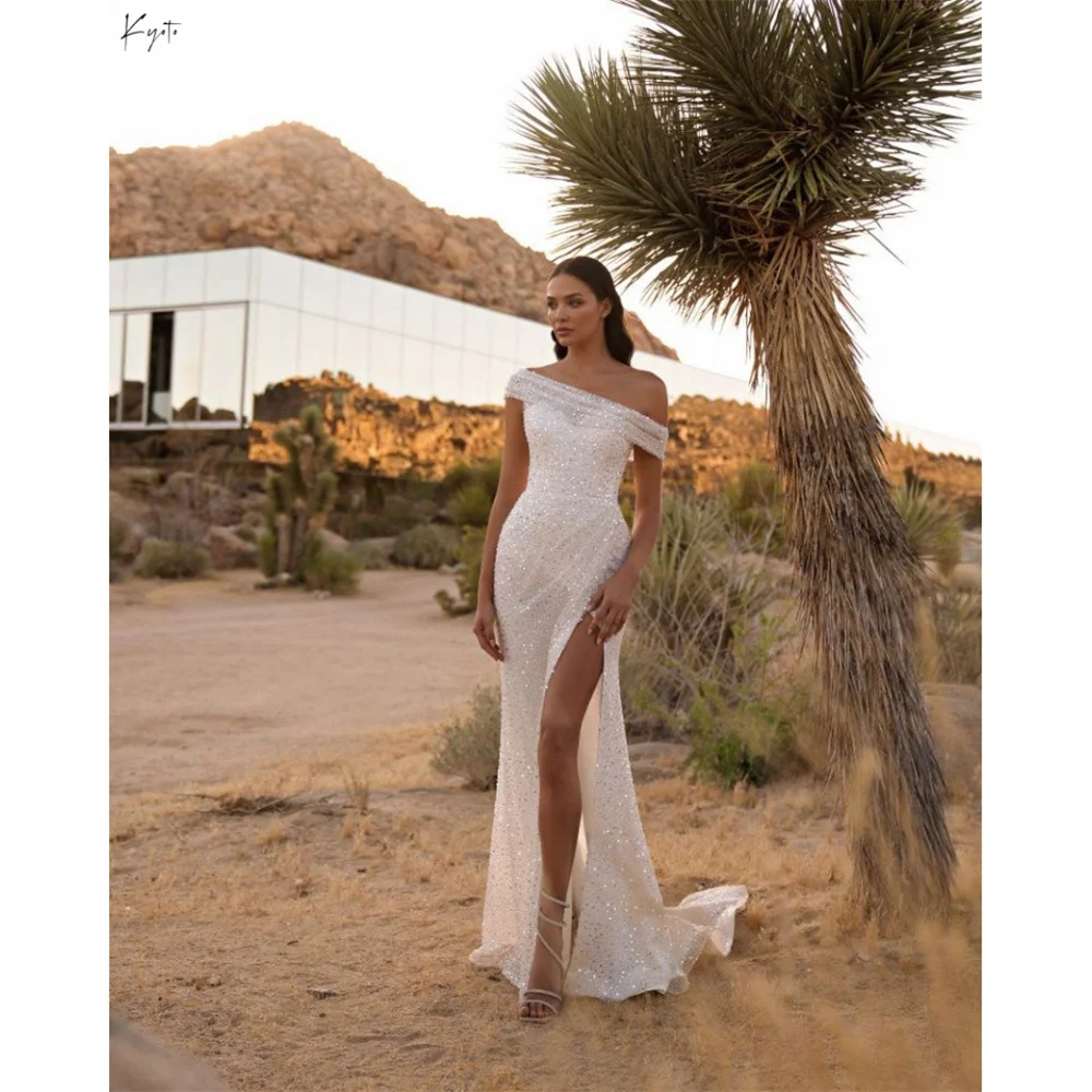 

Kyoto индивидуальное свадебное платье цвета слоновой кости с асимметричным воротником и бисером, платье русалки с часовней и шлейфом, Vestidos de noche, формальное платье с высоким разрезом по бокам, 2025 г.